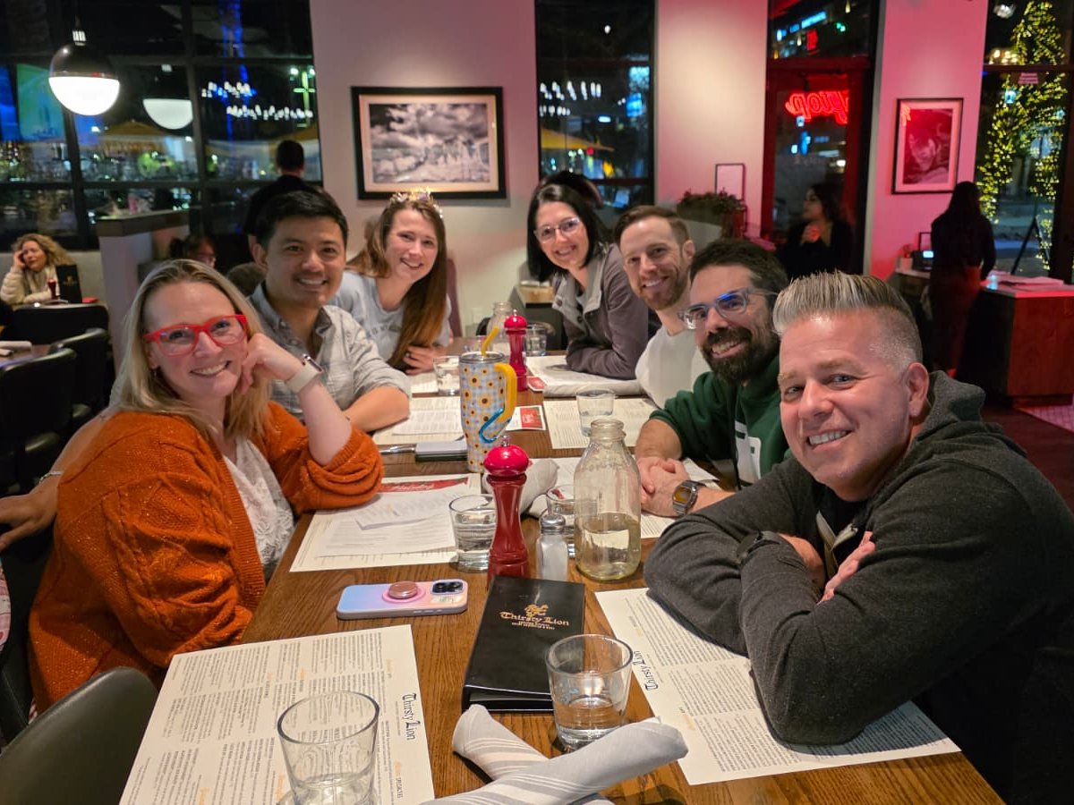 The GSD group around a table at dinner